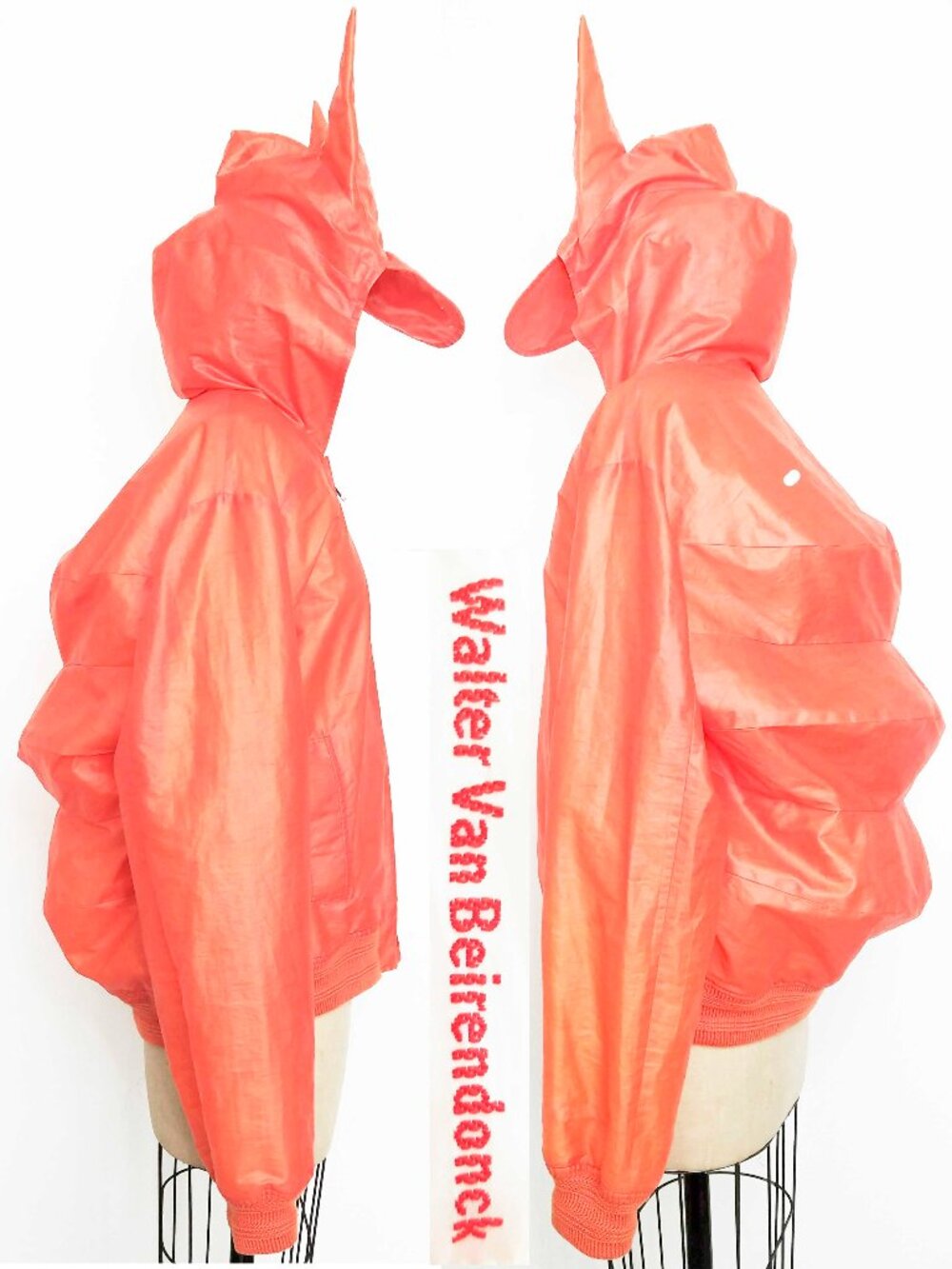 Walter Van Beirendonck Men's Orange Sculpted Bomber Jacke Hood with Horns 52